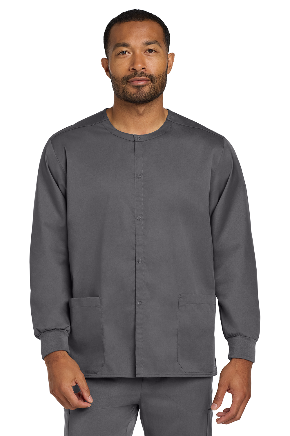 WW3080_PEWTER_MODEL_FRONT Unisex WorkFlex Snap-Front Scrub Jacket - Image 1