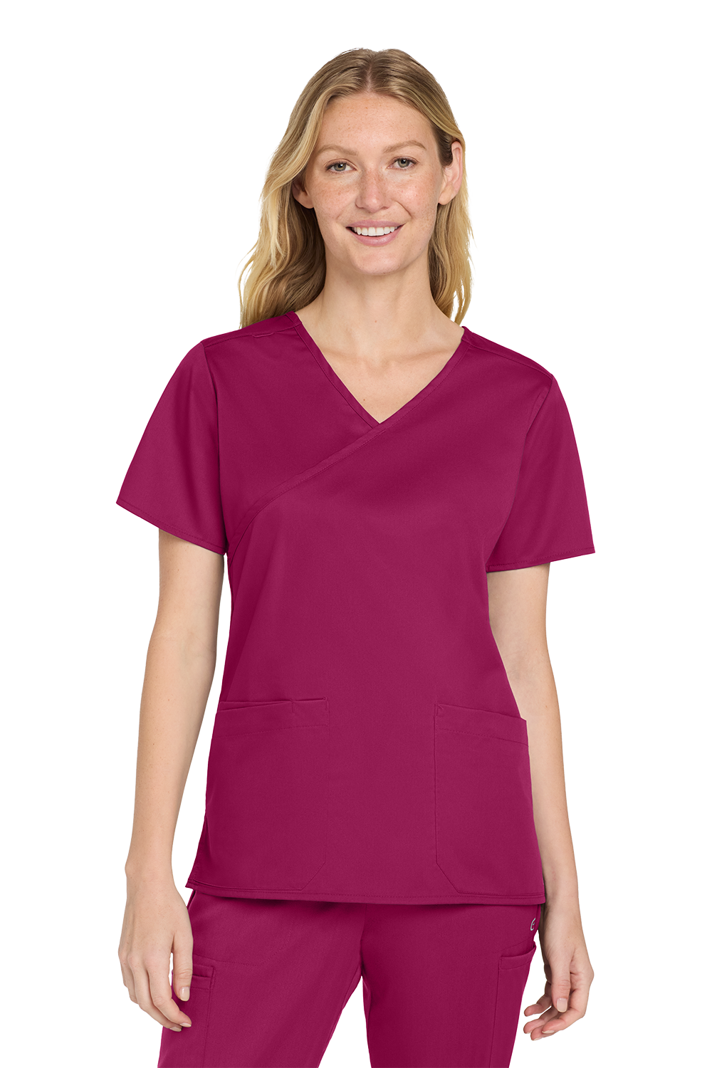 WW4760_WINE_MODEL_FRONT Women’s WorkFlex™ Mock Wrap Top - Image 1