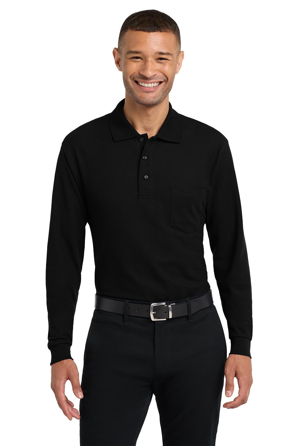 K500LSP_Black_Model_Front Silk Touch™ Long Sleeve Polo with Pocket - Image 1