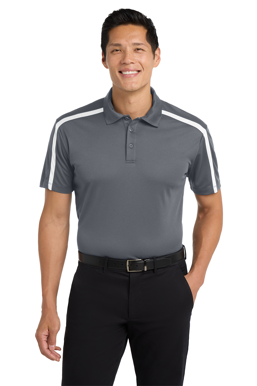 K547_Steel Grey_White_Model_Front Silk Touch™ Performance Colorblock Stripe Polo - Image 1